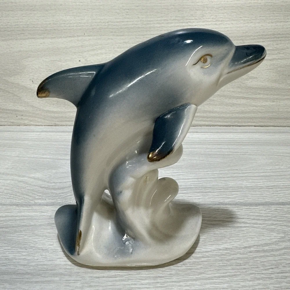 Ceramic Dolphin Figurine w/ Gold‎ Accents 6.75 x 6 x 2.75